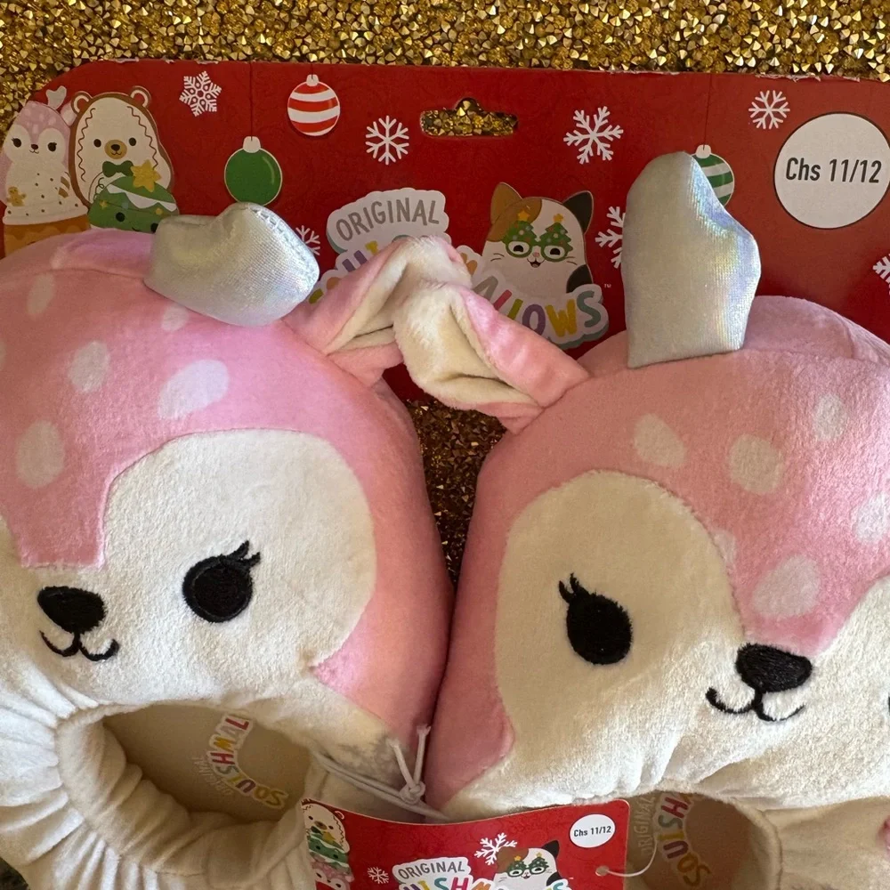 Squishmallows NWT Cream and Pink Deer Slippers. Size 11-12